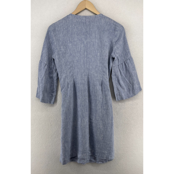 J. JILL Dress XS Love Linen Cross Dyed V-Neck Bell Sleeve Tunic Blue Mini Dress - Picture 2 of 11